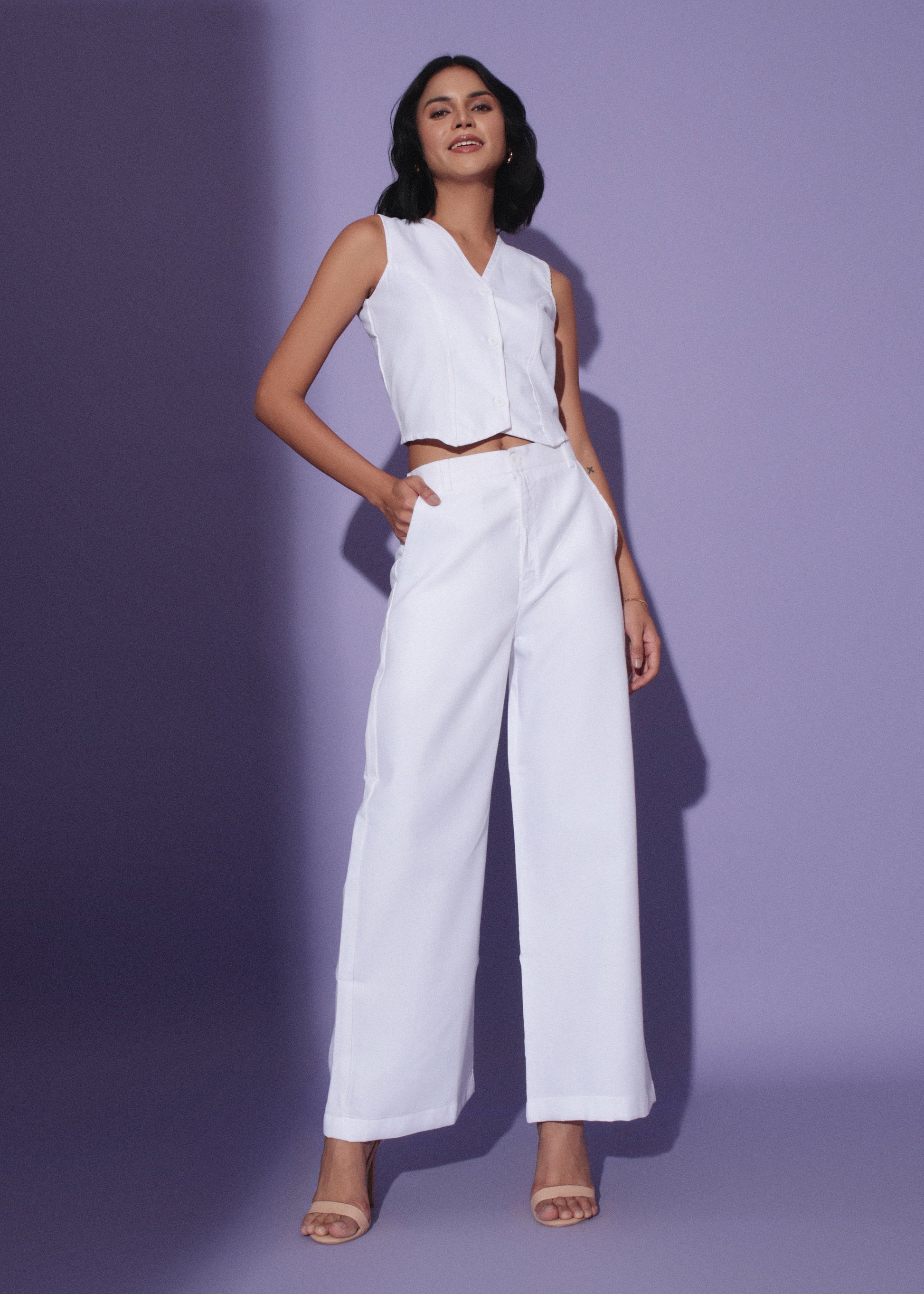 Stylish white Linen Pants Co-Ord Set for Women