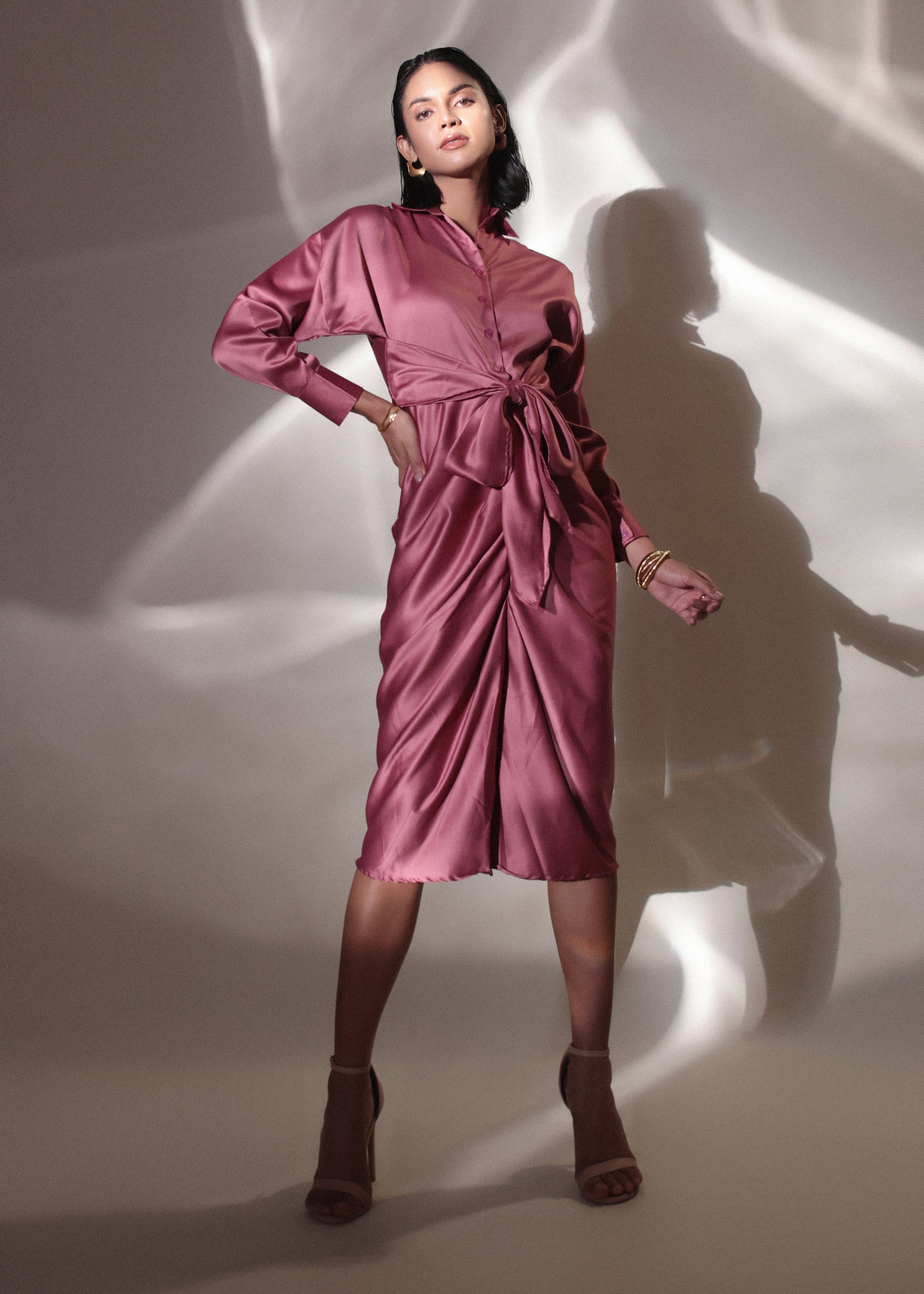 Knot Drape Pink Satin Dress-Studioanne