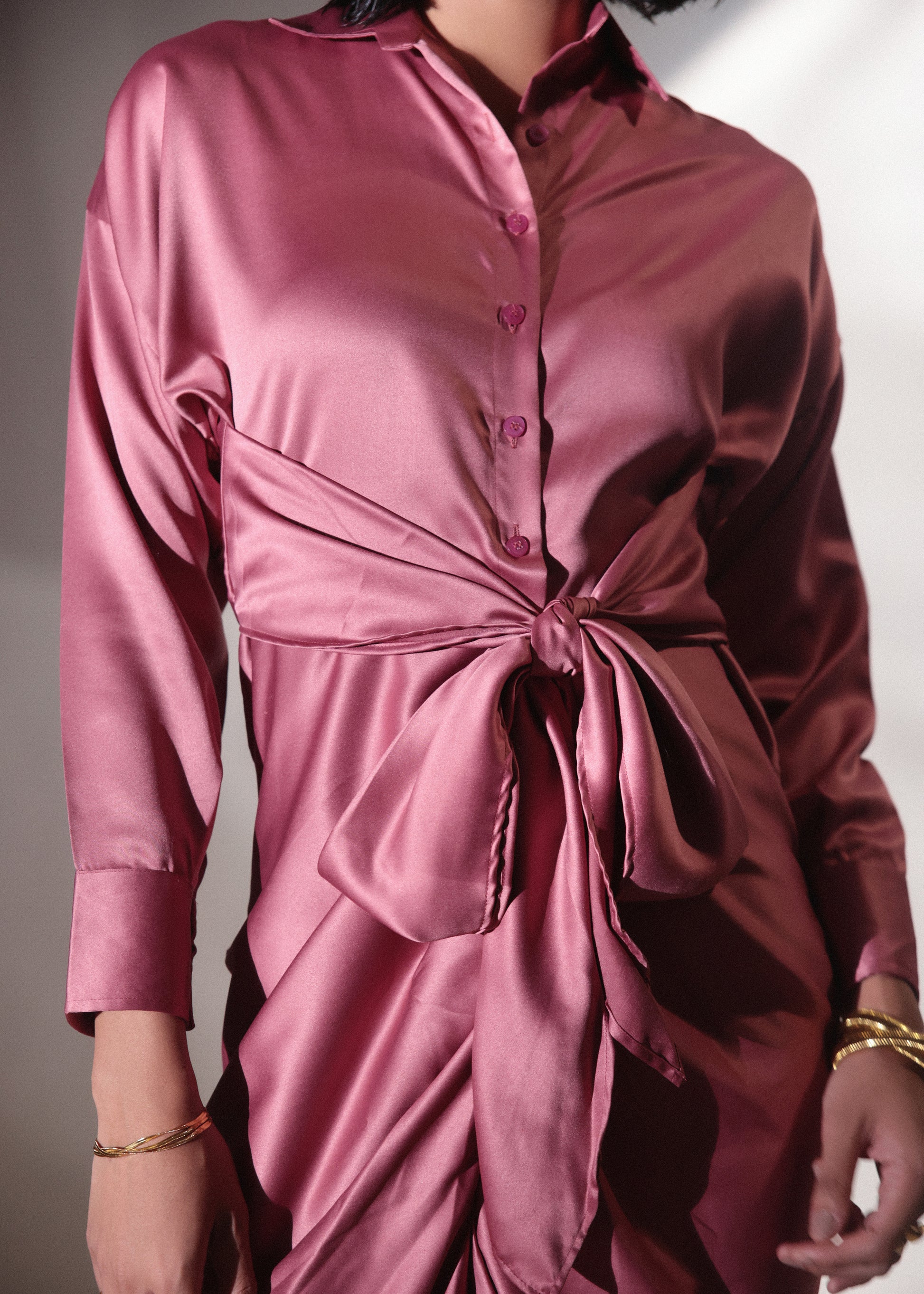 Knot Drape Pink Satin Dress-Studioanne