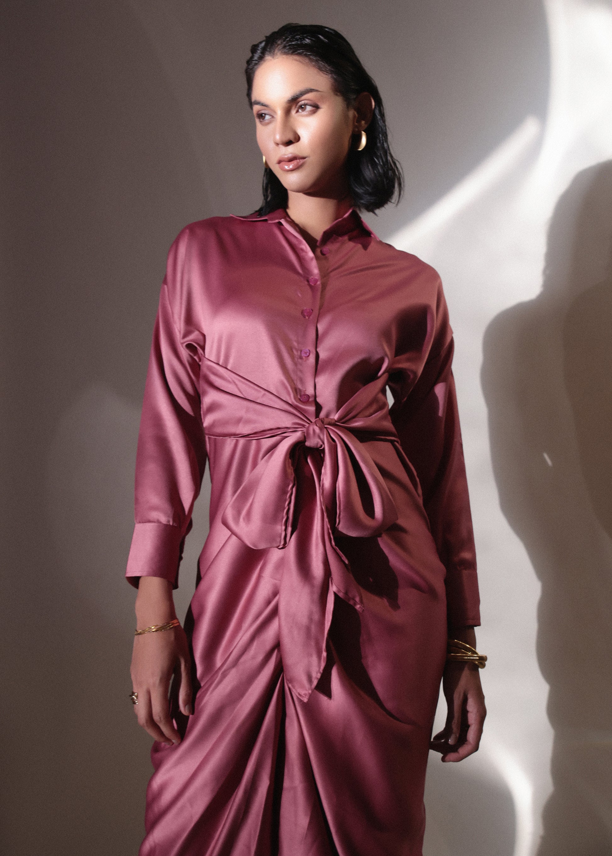 Knot Drape Pink Satin Dress-Studioanne