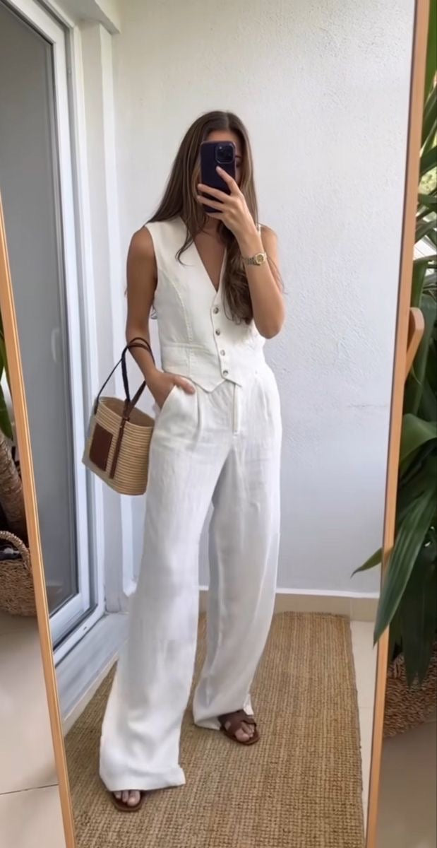 Stylish white Linen Pants Co-Ord Set for Women